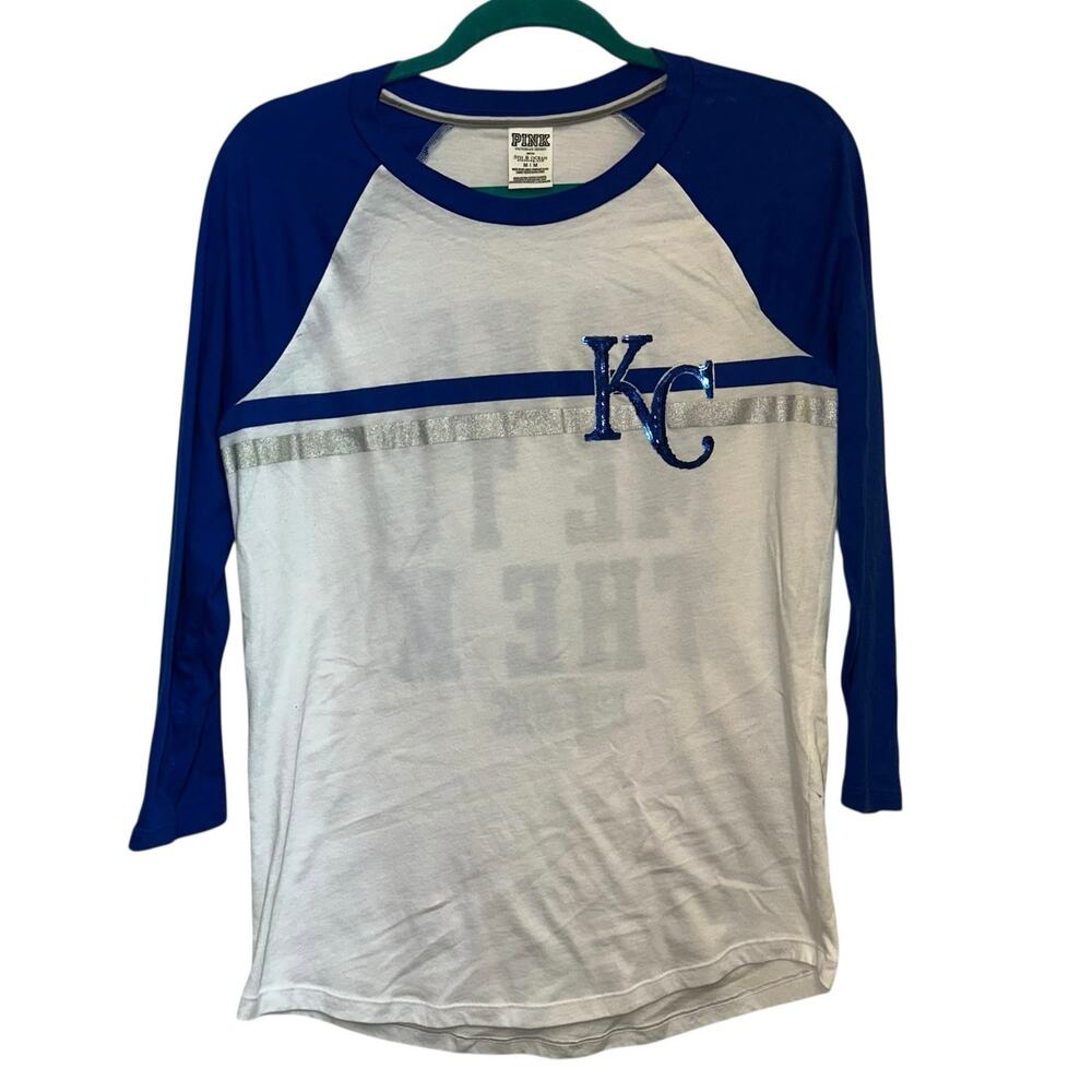 PINK Victoria’s Secret KC Baseball Tee Medium Blue White Raglan Take Me To The K